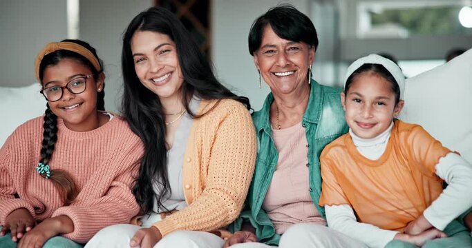 Face, happy family or together with love on couch, health or wellness in living room. Grandmother, daughter or grandchildren with smile in portrait, positive or generations with care support in home
