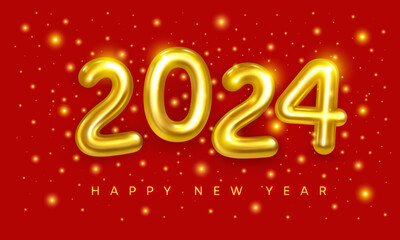 2024 New Year Greeting Card. Gold metallic 3d number 2024 on a red background with shiny particles and glows. Premium Vector Design for Christmas and New Year Greetings. Realistic 3D vector graphics