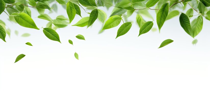 Fresh green coffee leaves falling in the air isolated on a white background