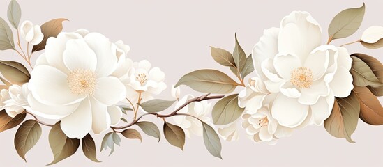 Template design for a wedding invitation card with white Semi double Camellia flowers and leaves
