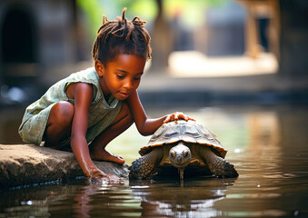  Little African girl with dreadlocks plays with a sea turtle - obrazy, fototapety, plakaty