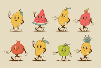 Set of retro cartoon fruit characters. Lemon, watermelon, pineapple, pear, garnet, apple, mango, pitaya mascot. Vintage vector illustration.