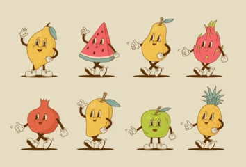 Fotobehang Set of retro cartoon fruit characters. Lemon, watermelon, pineapple, pear, garnet, apple, mango, pitaya mascot. Vintage vector illustration. © Nadezhda Mih