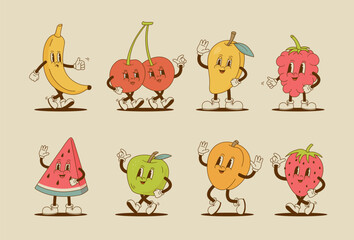 Set of retro cartoon fruit characters. Strawberry, watermelon, cherry, apricot, apple, mango, raspberries, banana mascot. Vintage vector illustration.