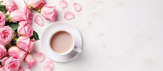Fototapeta na wymiar Beautiful roses and coffee in the morning cozy breakfast