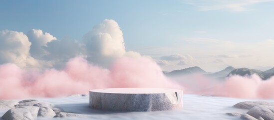 Dreamy concept of a beauty product display on a surreal stone podium outdoors