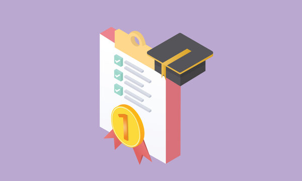 3d minimal graduation of university, college for student concept. graduation hat and diploma cartoon style with clipboard checklist.on pastel purple background.