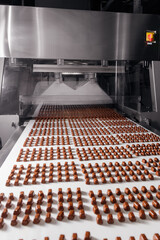 Process chocolate glazing sweets candy on conveyor automatic line factory. Modern manufacturing sweet plant, industry food