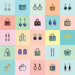 Women's Jewelry Earrings and Girls Party Purses Collection vector illustration. Beauty fashion objects icon concept. Set of women fashion design accessories vector design.