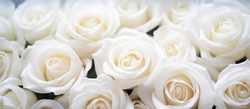 White artificial rose flowers arranged as a background with soft focus and space for text