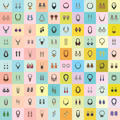 Collection of 100 Women Fashion Neck Necklaces and Trendy Colorful Earrings jewelry vector illustration. Beauty fashion object icon concept. Set of women fashion design accessories vector design.
