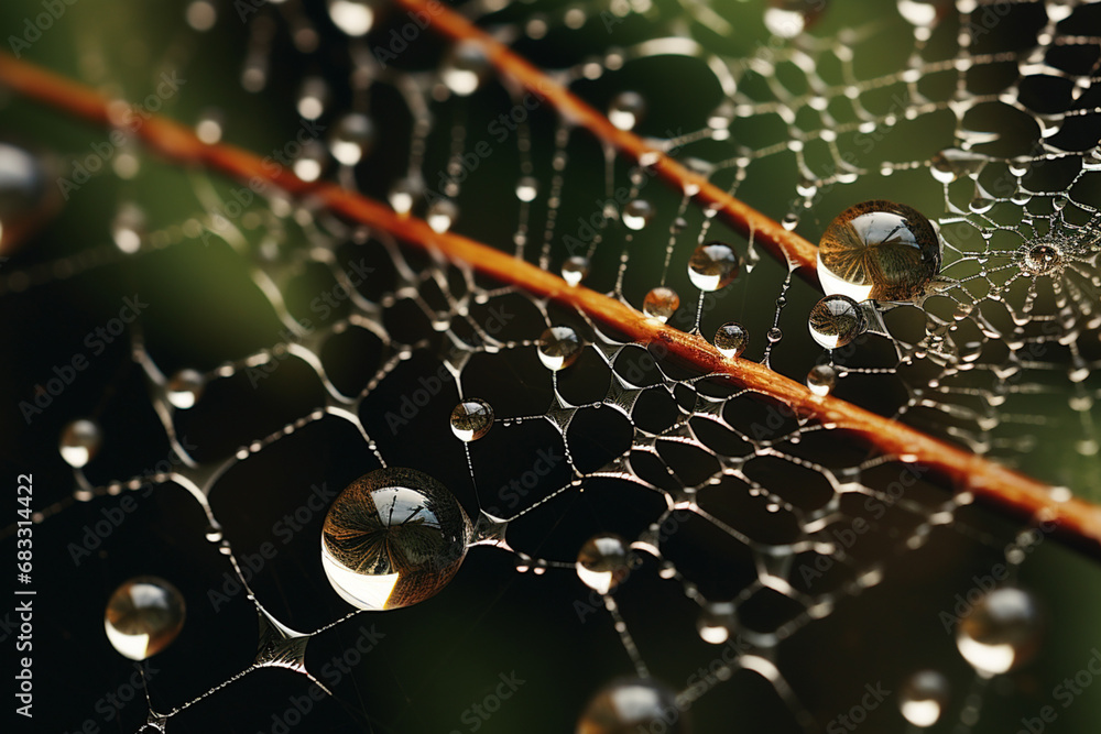 Aufkleber a hyperrealistic illustration of a dew-covered spider web, each droplet meticulously detailed and re