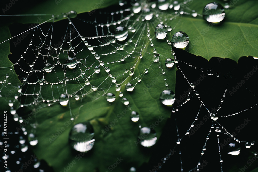 Poster a hyperrealistic illustration of a dew-covered spider web, each droplet meticulously detailed and re