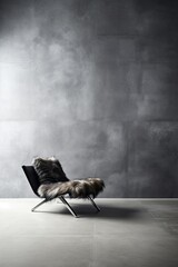Black fluffy fur armchair made of sheepskin against a background of dark plaster wall with copy space. Minimalist home interior design for modern living room. Vertical photo.