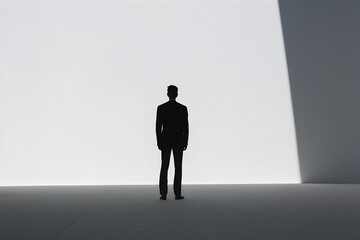 Obraz premium Silhouette image of a man in a suit against a minimalist white background