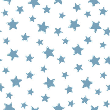 Stars seamless pattern. Blue-gray stars on  white background. Festive background. Vector illustration. Cartoon.