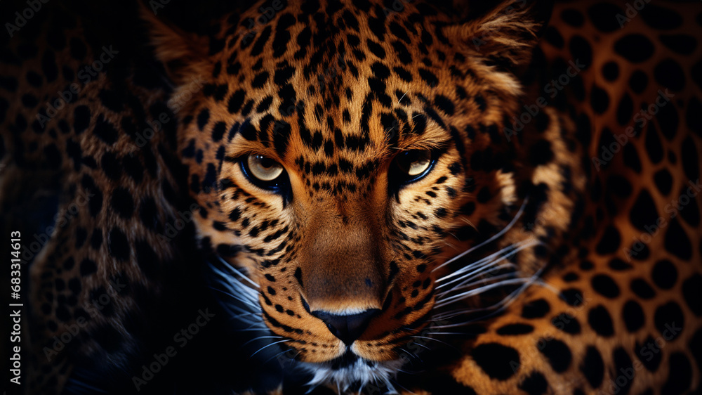 Poster hyperrealistic depiction of a leopard's fur, showcasing the intricate patterns and textures with rem