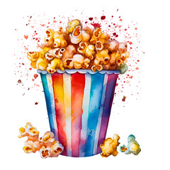 popcorn in a bucket watercolor clipart - obrazy, fototapety, plakaty