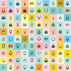 Collection of 100 Women Fashion Leather Purses and Trendy Colorful Neck Necklaces vector illustration. Beauty fashion object icon concept. Set of women fashion jewelry accessories vector design.