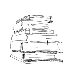 Books are in a stack. Drawing of a stack of books. Ink sketch.
