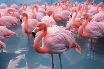 A lifelike illustration of a group of flamingos in a serene lake, with their vibrant pink feathers and graceful poses captured in hyperrealistic fashion.