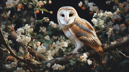 An intricately detailed illustration of a barn owl perched on a tree branch, with its feather patterns and intense eyes captured with lifelike precision.