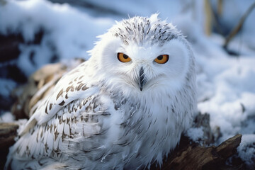 Fototapeta premium Hyperrealistic depiction of a wise and serene snowy owl, with its snowy feathers and intense gaze captured in remarkable detail.