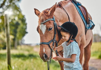 Happy, nature and child with a horse in a forest training for a race, competition or event. Adventure, animal and young girl kid with stallion pet outdoor in the woods for equestrian practice. - obrazy, fototapety, plakaty