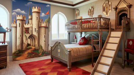  Medieval knight-themed childs bedroom with castle 


