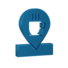 Blue Location with coffee cup icon isolated on transparent background.