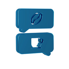 Blue Coffee and conversation icon isolated on transparent background. Coffee talk. Speech bubbles chat.