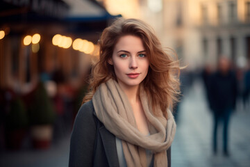 Obraz premium elegant European girl in her 30s. gorgeous, looking at the camera. street background. soft light. blurred background