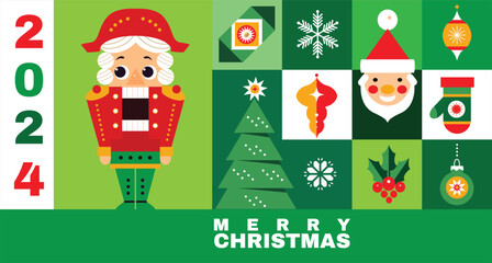 Merry Christmas and Happy New Year 2024 holiday template design banner, Christmas tree, nutcracker, Santa Claus, Gifts, ball toy, snowflake Modern Xmas flat cartoon cute vector illustration