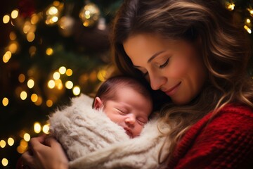 Cherishing quiet moments: A mother holding her peaceful baby against a backdrop of festive Christmas decor
