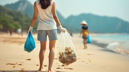 People removing rubbish from the beach in Bali islands, cleaning rubbish from the sea
