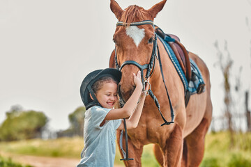Kid, horse and smile in nature with love, adventure and care with animal, bonding together and relax on farm. Ranch, kid and pet with childhood, freedom or countryside with happiness, stallion or joy - obrazy, fototapety, plakaty