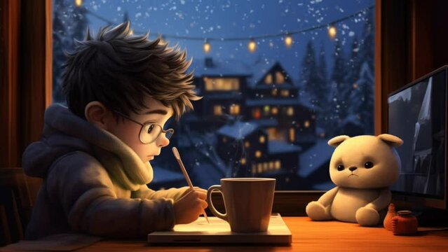 Cartoon character with a cup of coffee and laptop on a table facing the window, winter cityscape as snow falls. 4k animated video loop