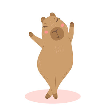 Cute dancing girl capybara. American water rodent. Vector gopher for print. Adorable kapybara animal character