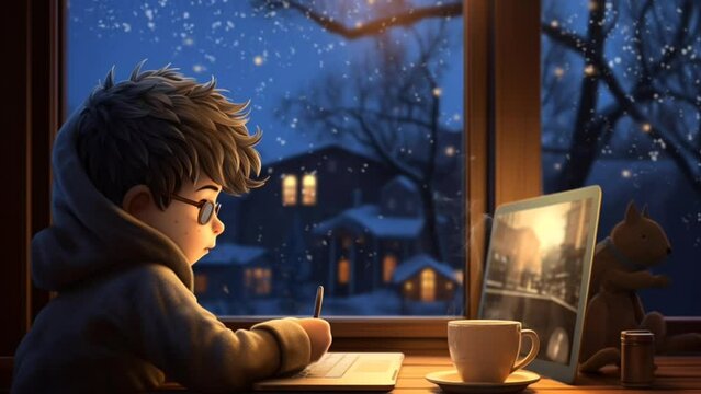 Cartoon character with a cup of coffee and laptop on a table facing the window, winter cityscape as snow falls. 4k animated video loop