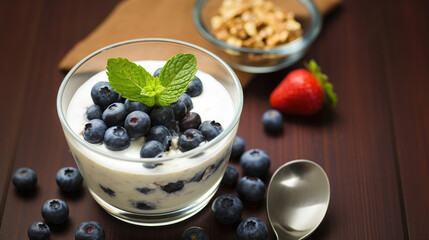 Yoghurt with berries and mint, a healthy breakfast
