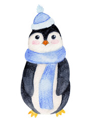 Watercolor cartoon cute penguin with knitted hat and scarf isolated on white background for various products, cards etc.
