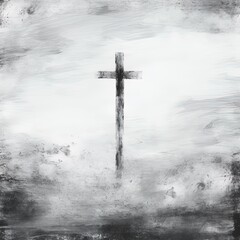 Grungy abstract black and white christian themed background with a cross. Easter concept with room for text.
