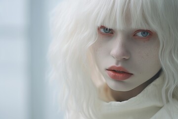 Beautyful albino girl with white skin, natural lips and white hair on light gray background. International Albinism Awareness Day. Concept about body positivity, people diversity and inclusion