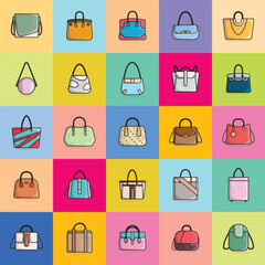 Collection of 25 Women Evening Party bags or purses vector illustration. Beauty fashion objects icon concept. Set of girls fashion purses vector design isolated on colorful background.