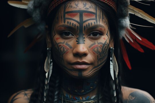 Girl with beautiful face art on black background. Beautiful Indian woman hunter with big American Indian plume of feathers. Native american creative makeup. Western style