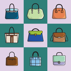 Collection of 9 Stylish Ladies Handbags for Fashion vector illustration. Beauty fashion objects icon concept. Set of elegant ladies fashion accessories vector design.