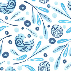 Folk Birds and Berries Pattern. Seamless pattern of birds and eggs decorated with folk swirls and branches with leaves and berries in blue colors. Hand-drawn gouache illustration 