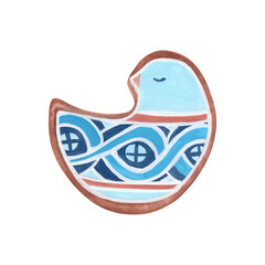 Bird Shape Cookie. Pretty bird cookie with folk ornaments  in gouache. Hand-drawn  illustration  for wallpaper, banner, textile, postcard or wrapping paper
