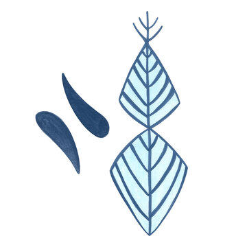 Blue Folk Elements. Set of Trypillian folk ornaments in blue. Hand-drawn gouache for wallpaper, banner, textile, postcard or wrapping paper