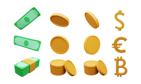 3d money symbol. Dollar banknote, coins, euro, bitcoin from different angles